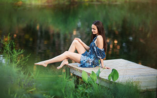 Woman dock lake blue dress - a dock free wallpaper