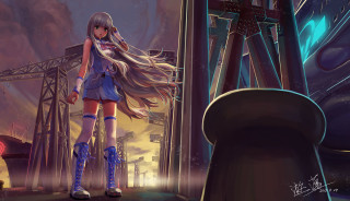 Girl short dress boots bridge - a train in the background free wallpaper