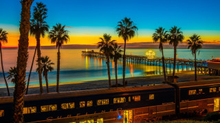Train beach palm sunset fireworks - a train free wallpaper