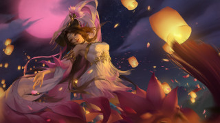 Woman dress flying lanterns moon - lantern free wallpaper