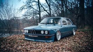 Blue car forest water autumn - retro free wallpaper