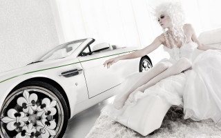 Woman white dress white car - a suitcase in front free wallpaper
