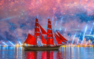 Red sailboat fireworks bridge mystical - firework free wallpaper
