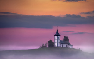 Church hill pink sky clouds - a church free wallpaper