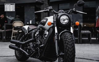 Motorcycle street building people dining - brenda chamberlain free wallpaper