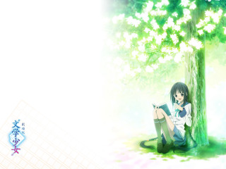 Girl sitting tree flowers book - the ground next free wallpaper