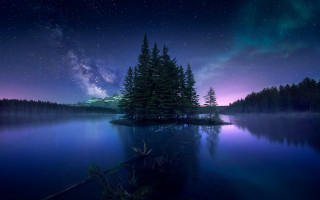 Lake tree night stars clouds - night sky free wallpaper