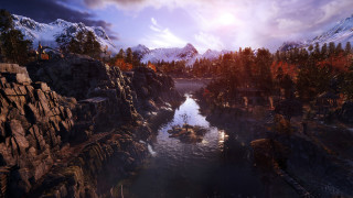 River mountains trees cloudy sky 6 - a sun free wallpaper