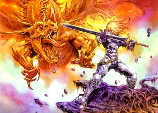 Man sword demon huge head - a painting of a man holding free wallpaper