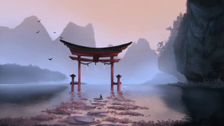 Pagoda lake birds mountain pink - matte painting concept art free wallpaper for desktop