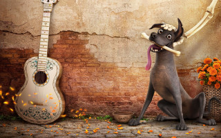 Dog guitar flower wall brick - digital art free wallpaper for desktop