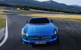 Blue mercedes slsamg mountains road - the background and grass free wallpaper
