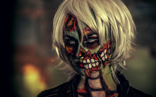 Zombie woman whitehair greeneyes blackjacket - makeup free wallpaper for desktop