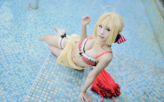 Woman bikini pool tiled fence - floor next free wallpaper