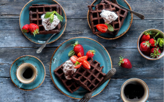 Waffles strawberries whipped cream coffee - cream free wallpaper