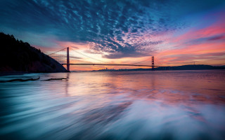 Sunset water bridge mountains lake - mystical free wallpaper for desktop