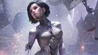 Futuristic woman helmet snow robot - a snowy scene free wallpaper