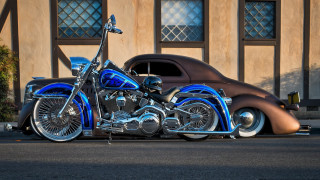 Blue motorcycle car street building - chrome free wallpaper
