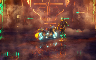 Futuristic man motorcycle neon smoke - a yellow suit free wallpaper