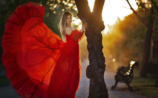 Woman red dress forest bench 3 - free autumn wallpaper