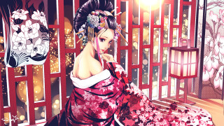 Gothic anime woman reddress bench - a fan free wallpaper