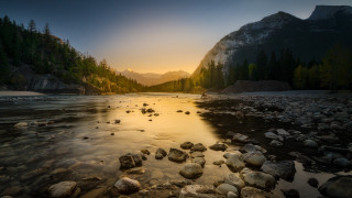 River rocks trees sunset mountains - rock and trees free wallpaper