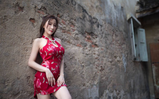 Woman red dress wall portrait - a red dress leaning against a wall free wallpaper