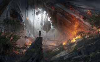 Cliff man sci fi fire - huge free wallpaper