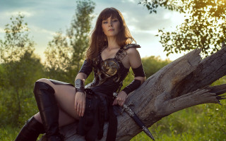 Woman cosplay sitting tree branch - fantasy style free wallpaper