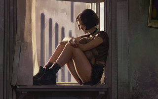Woman window sill crossed legs - a window sill free wallpaper