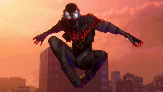 Futuristic man jumping cityscape epic - his hands out free wallpaper