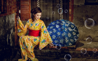 Chizuko yoshida kimono bubbles blue - a step free wallpaper