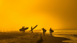 Beach surfboards sunset people ocean - eric deschamps free wallpaper