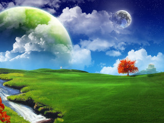 Green field tree stream nature - a moon in the sky free wallpaper