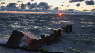 Sunset water lake mountains bridge - the distance behind free wallpaper