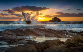 Wave rocks sunset ocean foreground - a rock formation in the foreground free wallpaper
