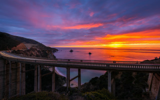 Sunset bridge ocean city lights - free sunset wallpaper