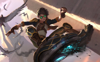 Futuristic man flying airship bird - his hands out in front free wallpaper for desktop