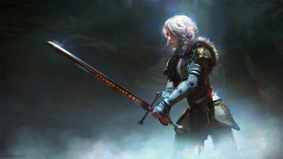 Woman sword fur collar glowing - light behind her free wallpaper