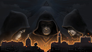 Hooded men city skyline pyramid - glowing free wallpaper