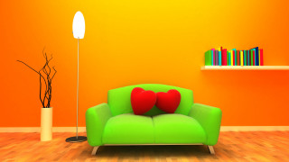 Green couch red pillows yellow - a yellow wall free wallpaper