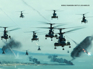 Military helicopters flying city ocean - a helicopter free wallpaper