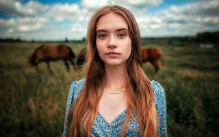Woman horses field clouds portrait - horse free wallpaper