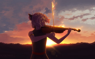 Woman violin sunset mountains clouds - a woman playing free wallpaper