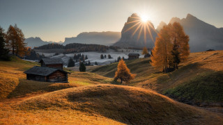 Small cabin mountains sunset nature 2 - a small cabin in a field free wallpaper