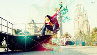 Man skateboard ramp cityscape graffiti - artist free wallpaper