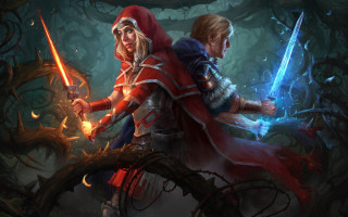 Man woman red cloak swords - behind them free wallpaper