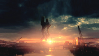 Sci fi flying city sunset - fi character free wallpaper