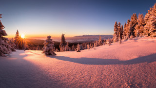 Snowy mountain trees sunset city 2 - sunrise free wallpaper