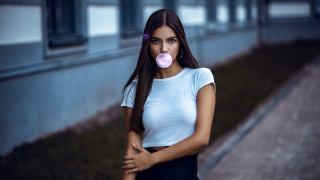 Woman pacifier casual outdoor blurry - a sidewalk next free wallpaper